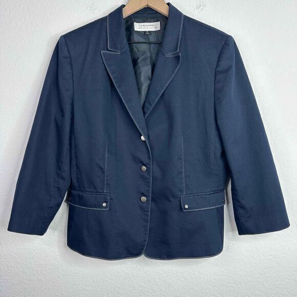 Tahari Blazer Womens Size 16 Blue Contrast Stitching Button Preppy Office Jacket - Picture 1 of 5